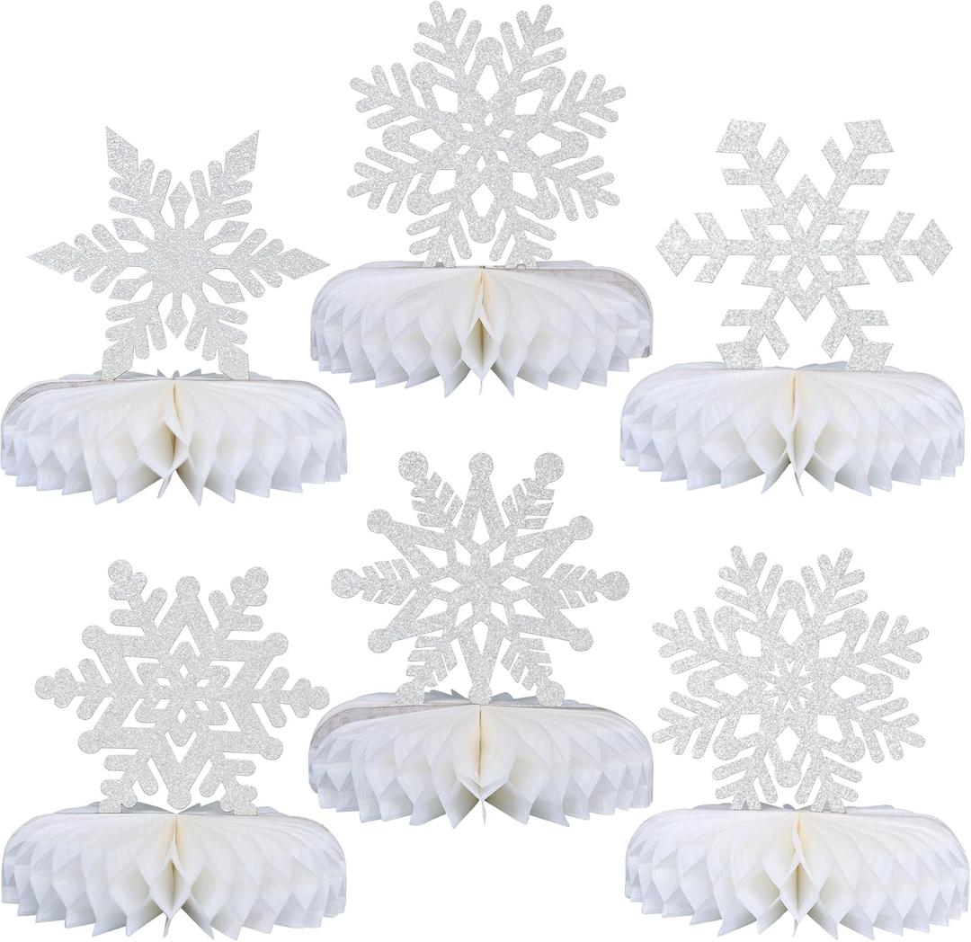 Gyufise 6 Pack Snowflake Honeycomb Table Centerpieces Snowflake Frozen Table Decoration Burst Table Centerpieces Table Decor for Frozen Winter Wonderland Party Decorations Silver