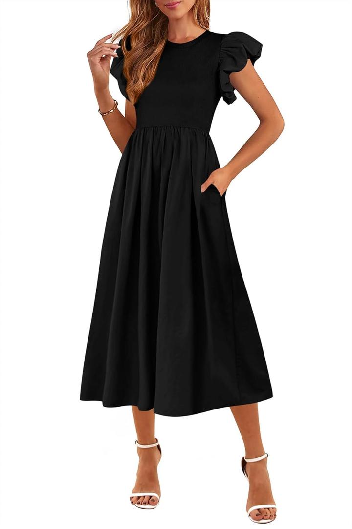 CFLONGE Women's Casual Short Puff Sleeve Summer Dresses for Women 2025 High Waist Casual Flowy A Line Midi Dress with Pockets (Medium)