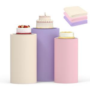 Cylinder Covers Set of 3, Cylinder Stand Covers for Parties,Round Pedestal Stand Covers for Cylinder Stands for Wedding Party Birthday Display(Cylinder Stands Not Included) (Pink Beige Purple, S+M+L)