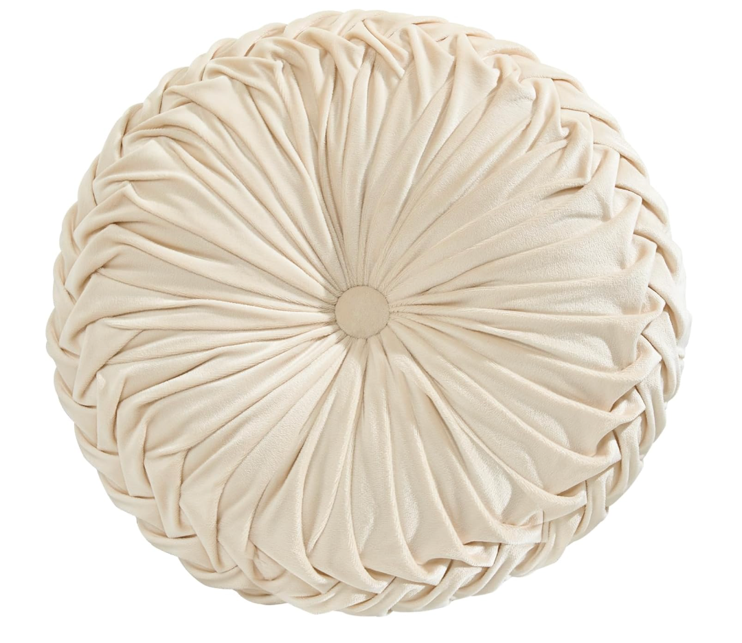 Round Throw Pillow 15.7inch - Soft Floor Cushion With Handmade Pleats for Couch, Sofa, Bed, Living Room - Velvet Decorative Pillow