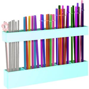 9.5” Large Acrylic Straw Holder for Cabinet Door, Reusable Adjustable Two-Part Straws Organizer with Ultra Sticky Adhesive Strips, 2026 Straw Storage for Kitchen Cupboard (Mint Blue)