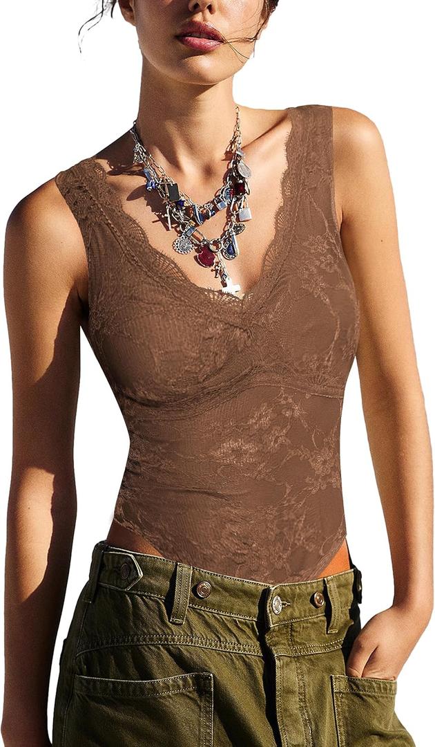 SAUNGKUAI Women's Sexy V Neck Sleeveless Lace Bodysuit Double Lined Going Out Body Suit Tops Date Outfits (Large, Brown)