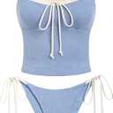 ZAFUL Tankini Swimsuits for Women Tie Front Tummy Control Spliced Ruffles Bikini Sets Two Piece Bathing Suits (Large, 1-blue)