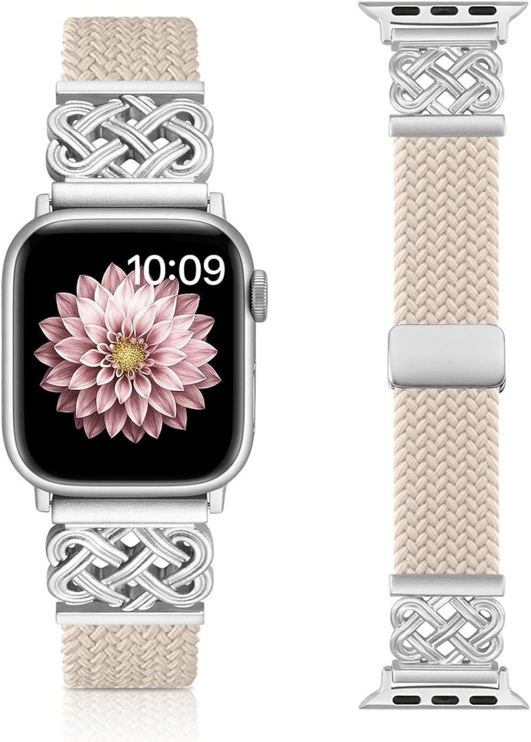 Braided Band Compatible with Apple Watch Bands 40mm 38mm 41mm 42mm 44mm 45mm 46mm 49mm, Magnetic Clasp Fabric Nylon Interlock Buckle Straps for iWatch Ultra Series 10/9/8/7/6/5/4/3/2/1/SE (Starlight)
