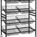 Evermagin 25.2''W Kitchen Storage Cart, Rolling Snack Cart, 4 Tier Fruit Basket Vegetable Stand, Metal Pantry Storage Organizer with 8 Removable Baskets for Onion Potato, Black
