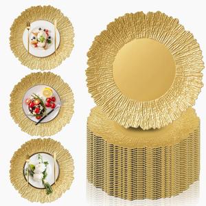 PROY 50 Pcs Gold Chargers for Dinner Plates, 13" Reusable Reef Serving Gold Chargers, Round Plastic Shiny Decorative Charger Plates for Wedding, Catering, Parties, Restaurant, Home Dinner Use