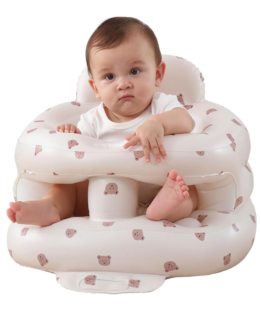 Upgrade Surround Inflatable Baby Seat for Babies 3-36 Months, Built in Air Pump Surround Bumbo Seat with Tray, Load-Capable Baby Chair Sit Me up Floor Seat for Baby, Learning to Sit&Feeding (Bear)