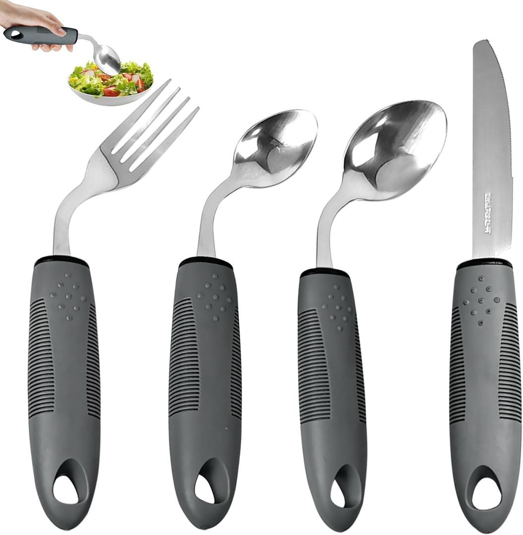 Weighted Adaptive Utensils, 4 Pcs Adaptive Utensils for Hand Tremors and Parkinsons Patients, 45Angled Weighted Silverware for Hand Tremors, Parkinsons Care Gift Pick (Left-Handed)