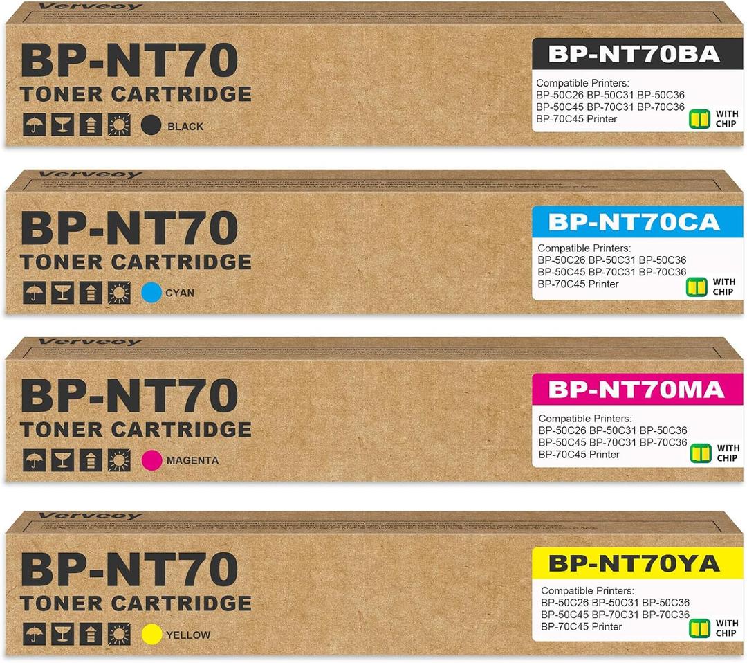 BP-NT70 BPNT70 Toner Cartridges for BP-NT70BA BP-NT70CA BP-NT70MA BP-NT70YA
Compatible for Sharp BP-50C26 BP-50C31 BP-70C36 BP-70C45 BP-70C55 BP-70C65 BP-50C36 BP-50C45 BP-50C55 (4-Pack, B/C/M/Y)