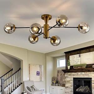 hesoge Modern Semi Flush Mount Ceiling Light Fixture 6-Light Sputnik Gold Chandelier with Glass Globe Mid Century Ceiling Lighting for Dinning Room Farmhouse Kitchen Bedroom Living Room
