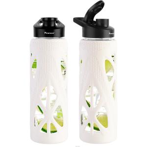 poweco 24oz Glass Water Bottle with Silicone Sleeve and Spout Lid - High Borosilicate Glass, Wide Mouth, Leakproof with Handle, BPA-Free, Perfect for Hydration on the Go (White)