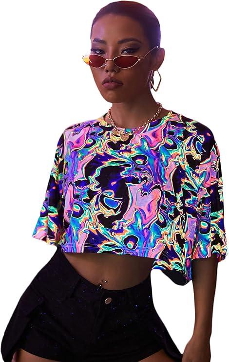 Floerns Women's Casual Reflective Short Sleeve Round Neck Crop Tops T Shirts L Multi