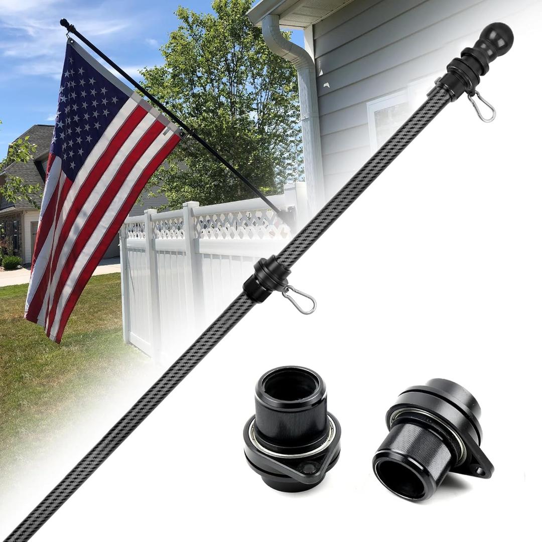 HIBLE Black Flag Pole for House 6 Foot Carbon Fiber Flag Pole with Rust-Free Rotating Rings, Strong Metal Screw Flagpole (5 Sections, no Flag no Bracket)