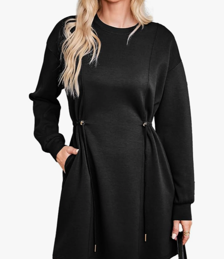 Dokotoo Women's Drawstrings Waistband Long Sleeves Crew Neck Sweatshirt Casual Mini Dress
Size 2XL