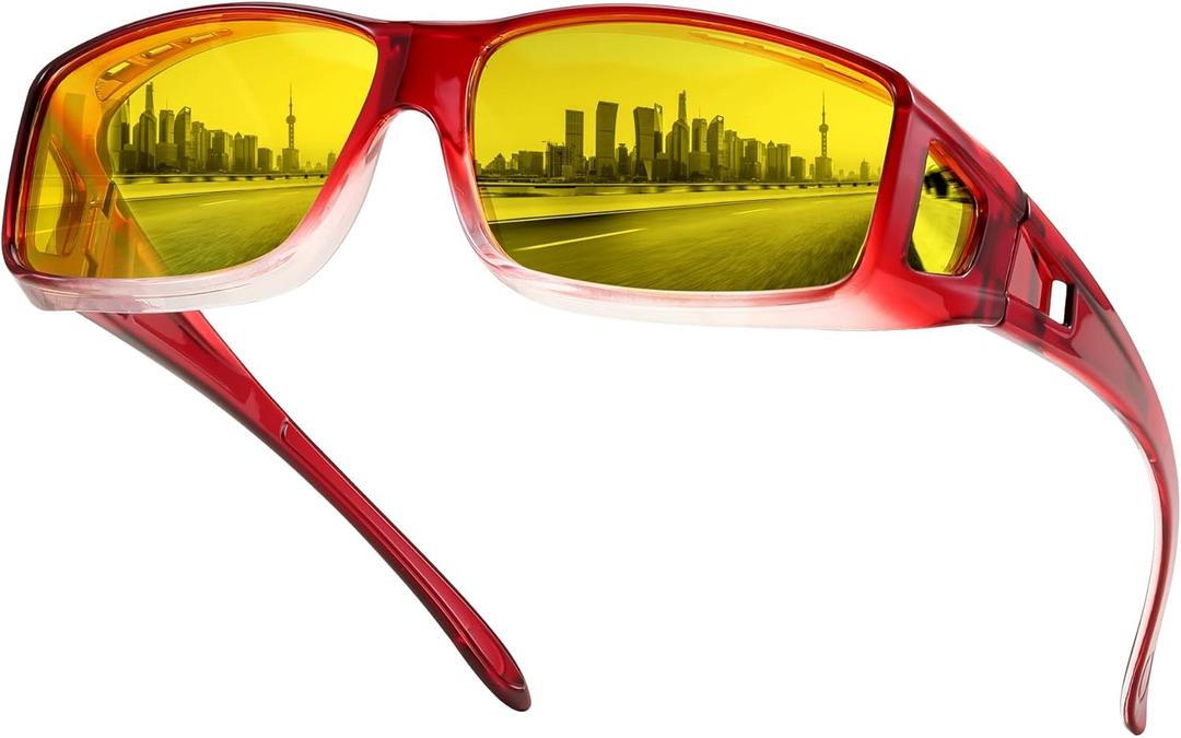 FEISEDY Night Driving Fit Over Glasses Sunglasses for Men Women,Polarized Wrap Around Yellow Sunglasses UV400 B2593 (Translucent Gradient Red Frame Night Vision Polarized Yellow Lenses)