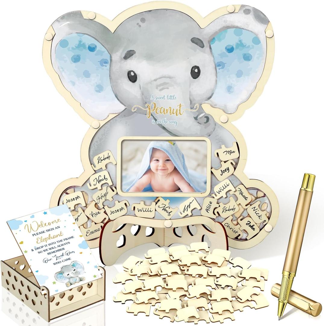 Wenqik 63 Pcs Baby Shower Guest Book Alternatives Set Baby Shower Decorations with Photo Frame Sonogram Frame Keepsake 60 Wood Slices Guest Book for Birthday(Elephant)