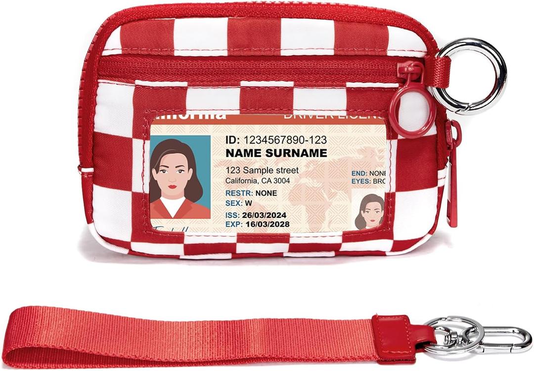 YDF Keychain Wallet for Women Mini Zip Card Holder with ID Window, Coin Purse, Detachable Wristlet, Small Organizer Wallet, Red Checkered