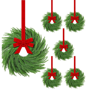 Hotop 6 Set Mini Christmas Wreath for Cabinet Kitchen Windows Decors Bulk with Red Bow Small Artificial Norfolk Farmhouse Wreaths with Berry Pine Cone for Fireplace Front Door Porch Wall Hanging