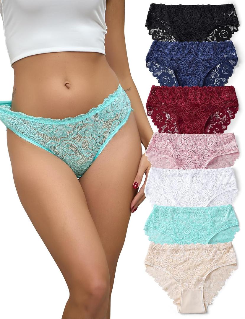 everjoys Lace Panties for Women, Full Sexy Coverage Hipster Underwear, Soft Breathable Briefs, 7-Pack, (L)