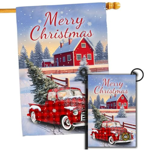 4SEASONS POD Merry Christmas Flag, Set 2 Merry Christmas Red Truck House Flag 28x40 and Christmas Garden Flag 12x18 Double Side, Winter Decorations Flag for Holiday Yard Lawn Outdoor Décor