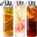 Glass Water Bottles Set of 3, 18 oz, Reusable Water Bottle with Lids, Juice Glass Bottles for Juicing, LeakProof, BPA Free, Container Bottle for Refrigerator, Suitable for Beverage, Soda (Clear)