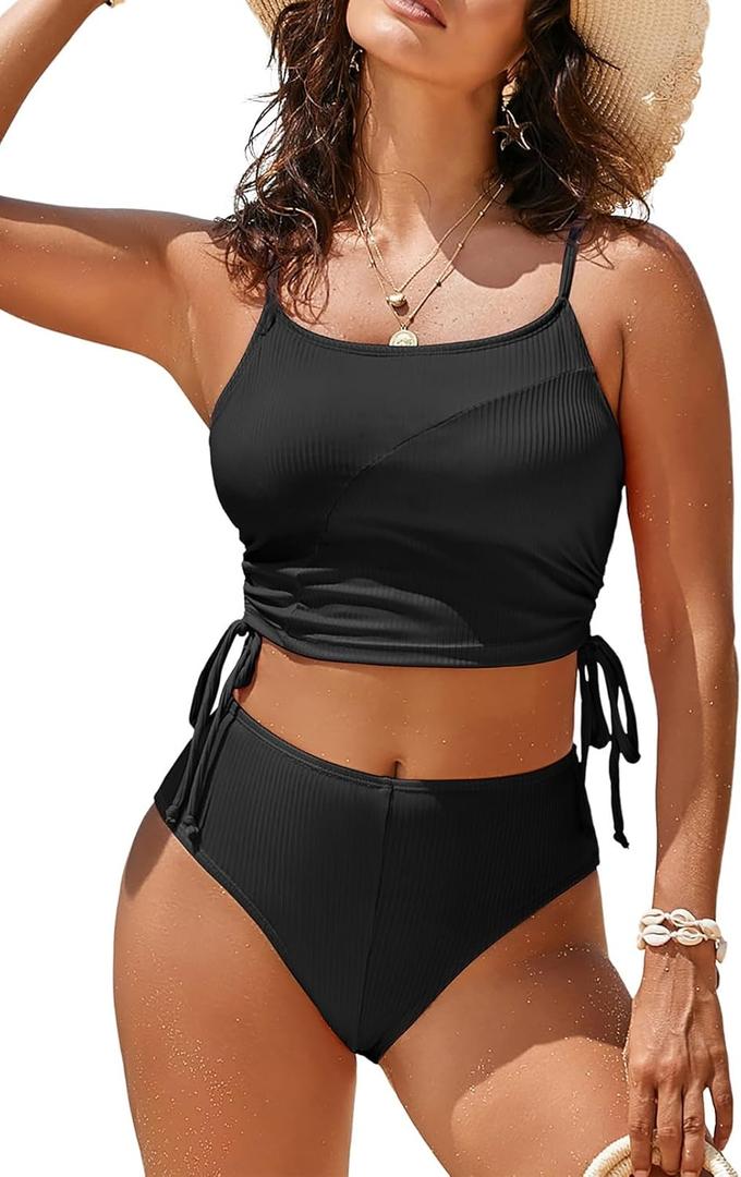 Pink Queen Women's 2 Piece Swimsuit Scoop Neck Ribbed Drawstring Ruched Crop Top High Waisted Bikini Sets Bathing Suit (Large, Black)