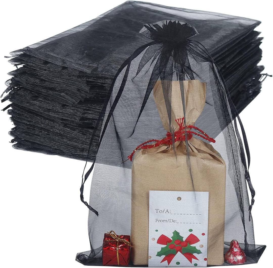HRX Package 100pcs Large Organza Bags, 8x12 inch Black Mesh Gift Drawstring Pouches Goodie Bags for Halloween Party Favors Samples
