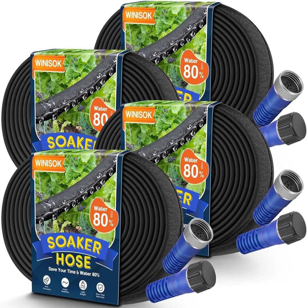 200FT Thickened Flat Soaker Hose, Heavy Duty Double Layer Watering Hoses, Save 80% Water, Flexible Leakproof, Drip Irrigation Tubing for Garden Beds and Lawns (50 FT x 4Pack)