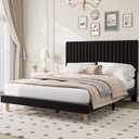 IDEALHOUSE Queen Size Bed Frame with Adjustable Headboard, Velvet Upholstered Platform Queen Bed Frame, Vertical Channel Tufted, Strong Wooden Slats, No Box Spring Needed, Easy Assembly, Black