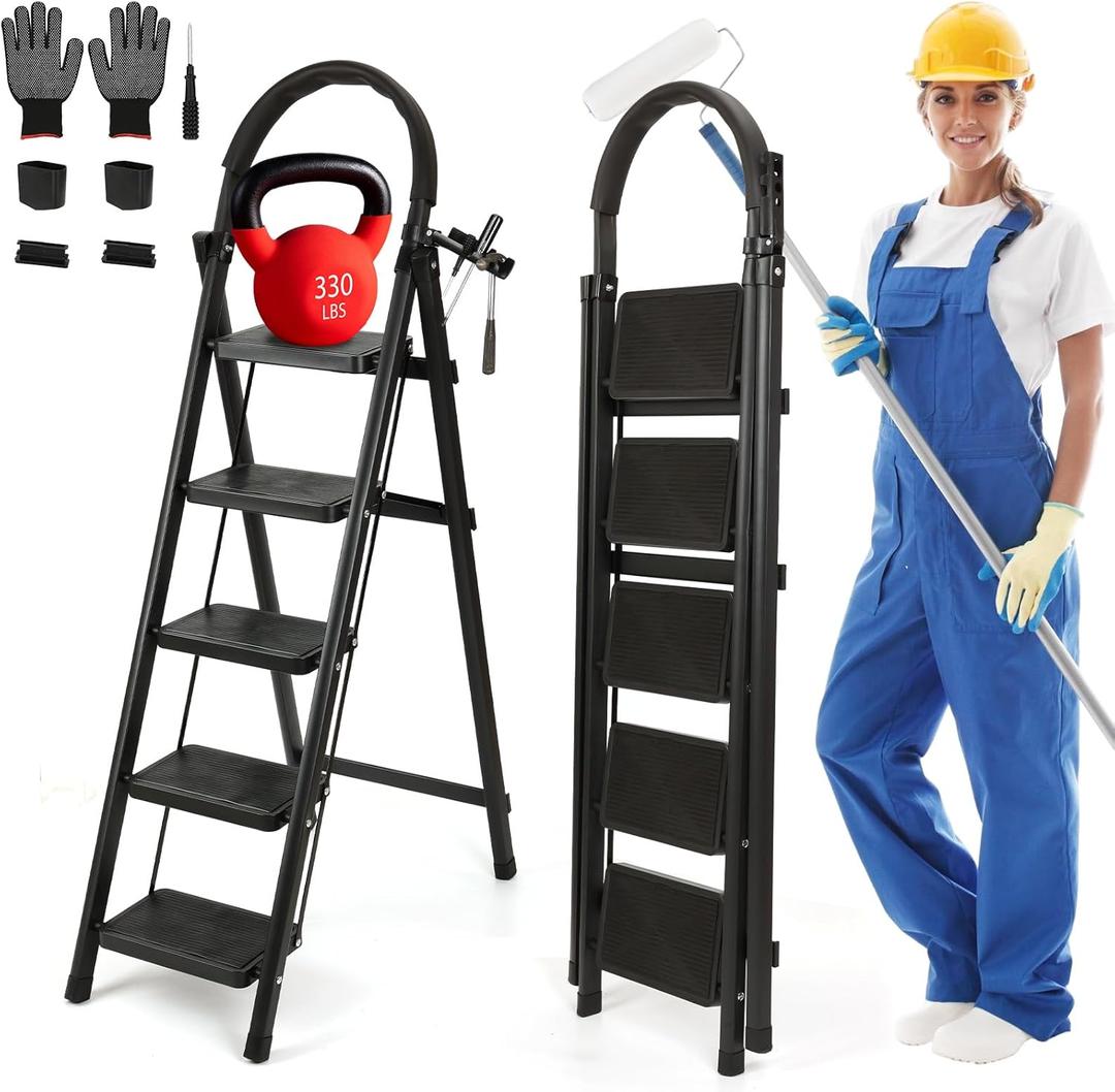 5 Step Ladder with Tool Storage Tray, Folding Step Stool with Wide Anti-Slip Pedal Handle, Sturdy Steel Tall Step Ladder Portable for Adults, 330lbs Capacity Lightweight for Kitchen Home Office, Black