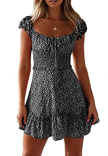 YOBECHO Womens Summer Sexy Sweetheart Collar Printed Ruffle Mini Dress Black, Size: Small YOBECHO Womens Summer Sexy Sweetheart Collar Printed Ruffle Mini Dress Black, Size: Small