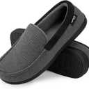 HomeTop Men's Comfort Memory Foam Moccasin Slippers, Breathable Cotton Knit Terry Cloth House Shoes for Indoor Outdoor (Gray)