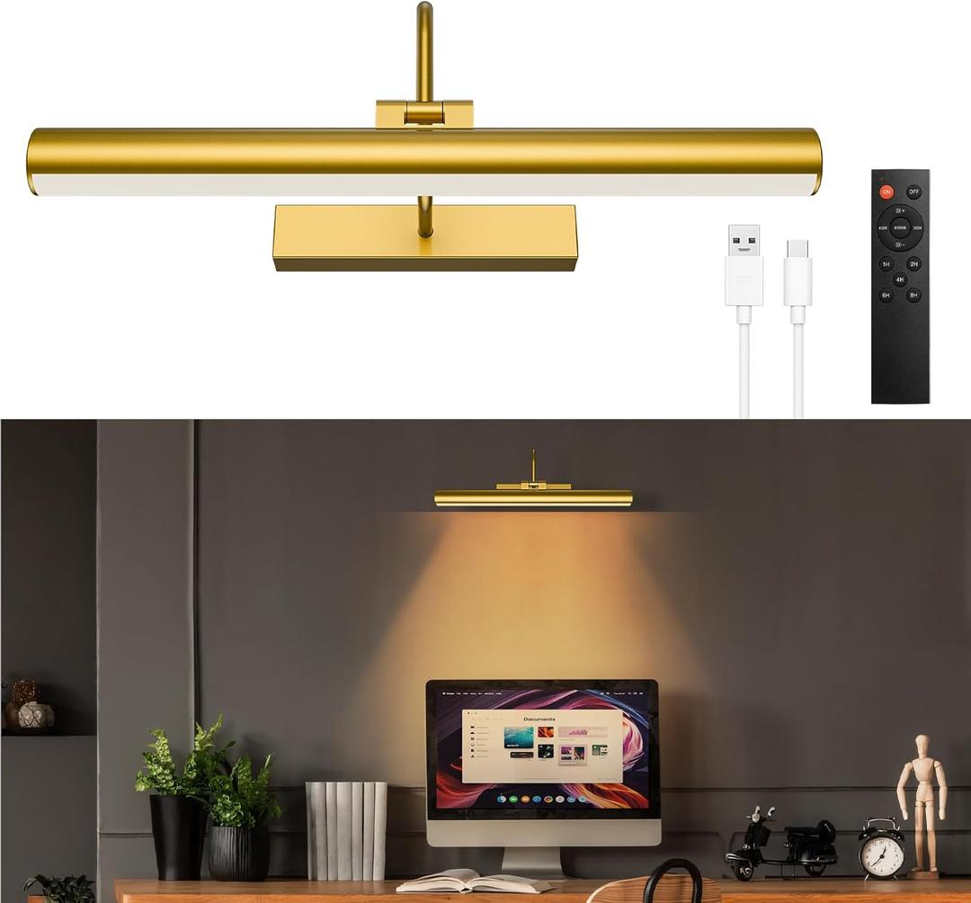 13'' Picture Light for Wall, 5200 mAh Battery Operated Picture Light with Remote & Timer for Wall Art - 3 CCT Dimmable LED, Brass Finish