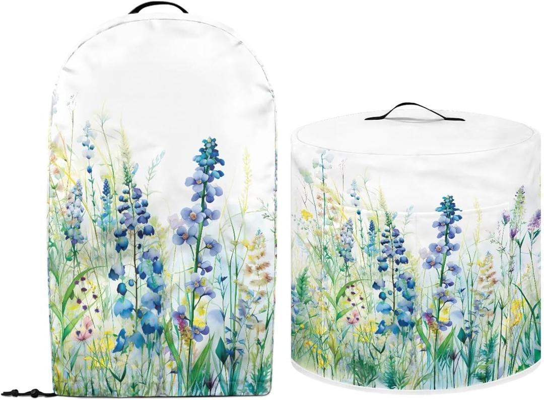 Blue Green Floral Kitchen Accessories Appliance Dust Covers Set for 3 Quart Pressure Cooker and Stand Mixer Food Processor Blender Machine Oil-proof Stains Protector Covers