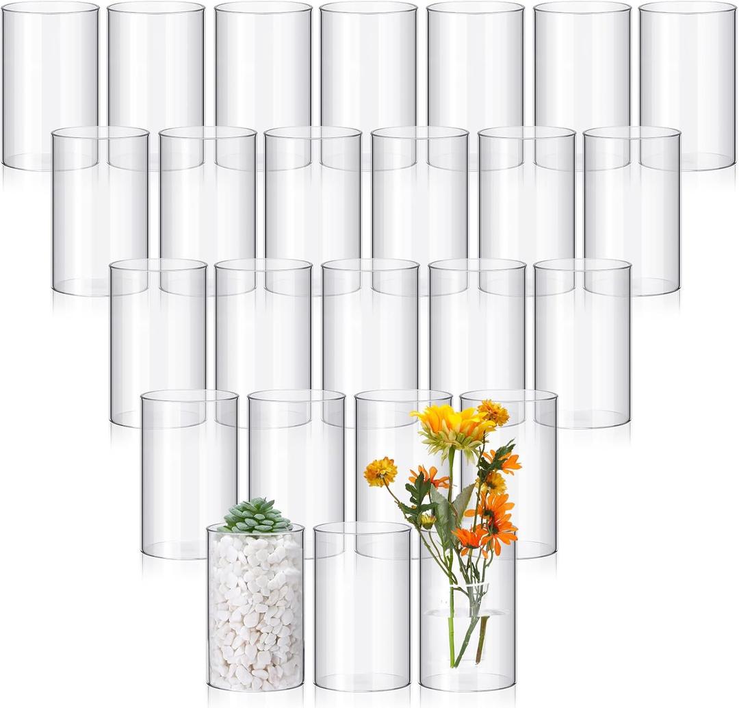 Vesici 20 Pcs Plastic Cylinder Vase Acrylic Cylinder Vase Bulk Small Clear Flower Container Hurricane Candle Holder Round Wide Container Centerpiece for Home Office Wedding Decorations (6 Inch)