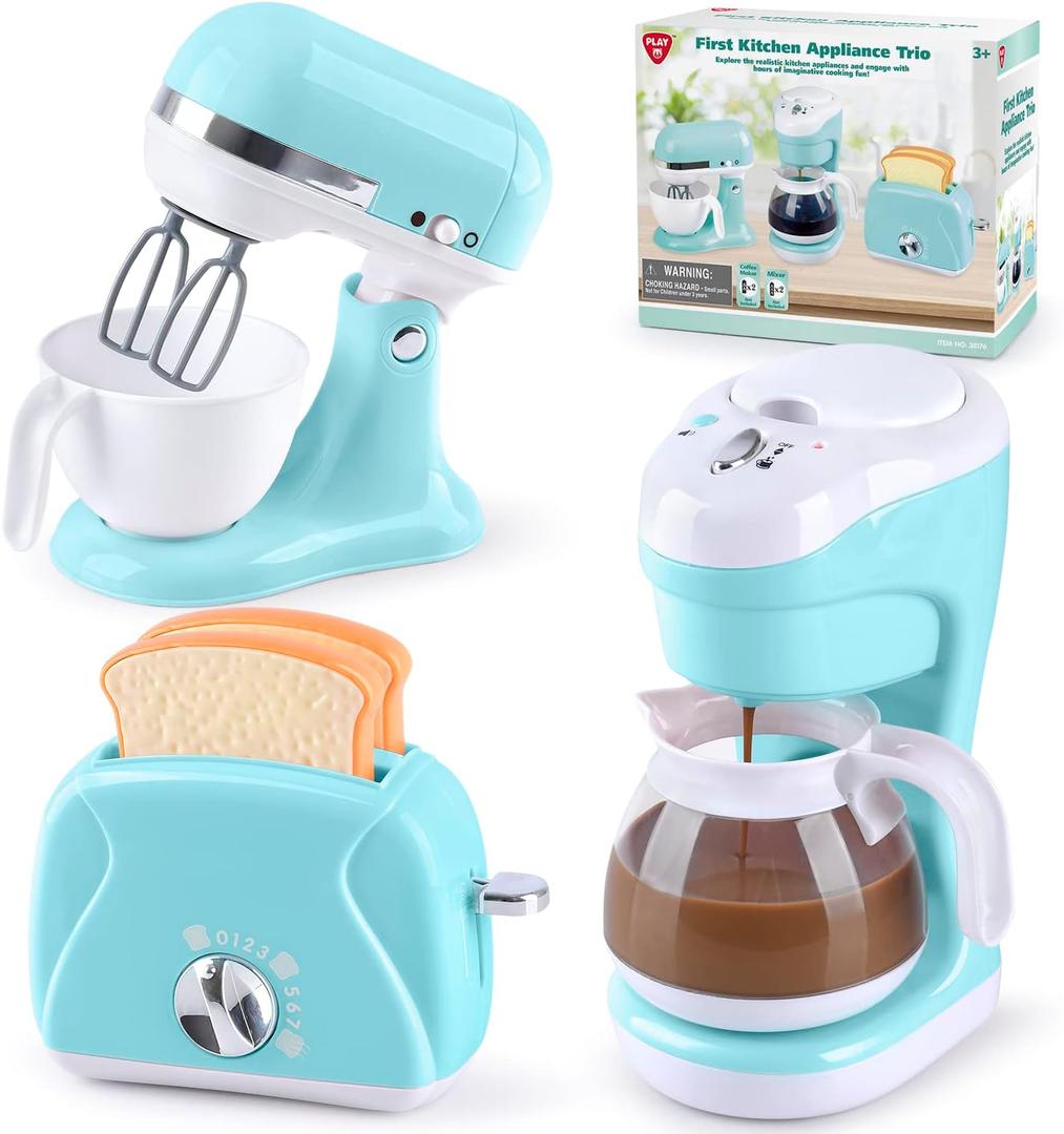 Kitchen Appliances Toys, Kids Play Kitchen Accessories Set, Pretend Kitchen Toys for Kids Ages 4-8, Coffee Maker, Mixer, Toaster with Realistic Lights & Sounds, Gift for Girls Ages 3+ (Blue)
