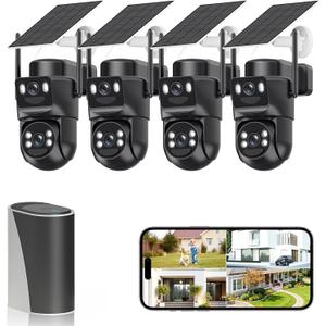 4K Solar Security Cameras Wireless Outdoor with Dual Lens, 4 Cam Kit, No Subscription Fee, Home Security System with Color Night Vision, Auto Tracking, Motion Detection