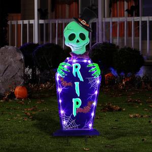 Joliyoou Halloween Yard Stake, 26.4" Solar Lighted Metal Tombstone with Glow in The Dark Ghosts, 18 LED Purple Lights Spooky Yard Sign for Outdoor Front Door Yard Lawn Garden Decorations