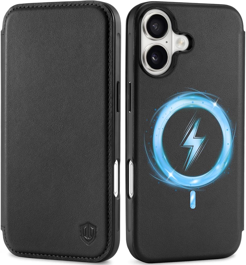 SHIELDON Slim Wallet Case for iPhone 17 6.3-inch 5G 2025 | Genuine Leather | Wireless Charging | Flip Magnetic Closure | RFID Blocking Credit Card Holder | Full Protective Cover | Black