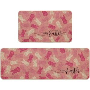 Artoid Mode Pink Bunny Happy Easter Kitchen Mats Set of 2, Home Seasonal Spring Easter Holiday Holiday Party Floor Mat - 17x29 and 17x47 Inch
