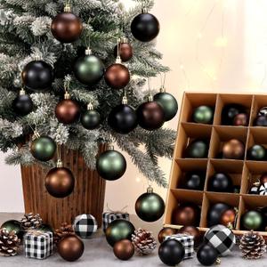 64 Pcs Neutral Christmas Ball Ornaments Bulk Matt Glitter Check Brown Green Black Xmas Bulbs Ornaments 1.6/1.97/2.4 Inch Modern Christmas Decorations for Tree Holiday Indoor Wreath Home Decor