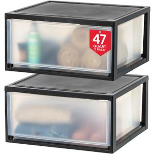 IRIS USA 47 Qt. Plastic Drawer Storage Organizer Stacking Drawers, 2-Pack, Stackable Unit with Sliding Drawer for Clothes Bedroom Kitchen Under Sink Pantry Craft Room Bathroom Dorm Office, Black