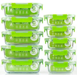 C CREST Glass Containers for Food Storage with Lids, [10-Pack] Meal Prep Containers for Kitchen, Home Use, BPA Free (Green)