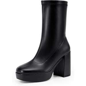DREAM PAIRS Women's Mid Calf Gogo Boots Platform High Chunky Block Heel Square Toe Ankle Boots, Size 8, BLACK-PU, SDMB2410W