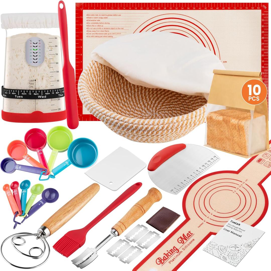 TomCare Sourdough Starter Kit 42 oz Large Glass Starter Jar 10 inch Round Bread Proofing Basket Silicone Baking Mat Tools 10pcs Bread Bags Complete Sourdough Bread Baking Supplies Gifts for Bakers