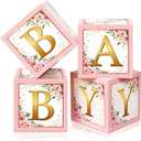 Sabary Baby Boxes with Letters Rustic Floral Pink Baby Shower Backdrop Blocks Box Birthday Party Gender Reveal Photo Props for Girl Boy Shower Decorations(Sweet Baby)