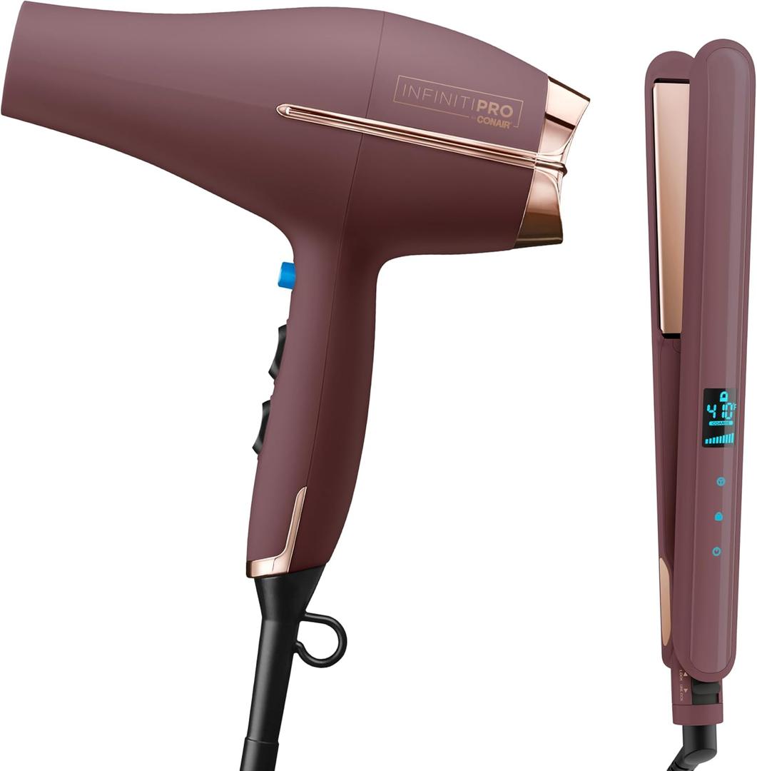 Conair Limited Edition Bundle | INFINITIPRO by CONAIR Hair Dryer with Diffuser - and - Conair Double Ceramic 1-inch Digital Flat Iron | Plum | 