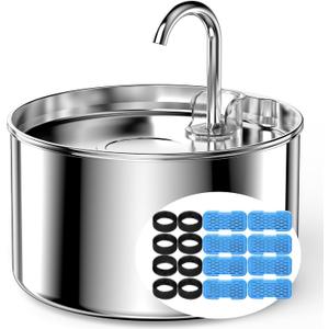 Cat Water Fountain Stainless Steel + Filters + Sponges - Pet Water Fountains Faucet Metal Automatic Cat/Dog Waterer Bowls Pets Watering Running Bottle Water Dispenser for Drinking Ultra Quiet Pump