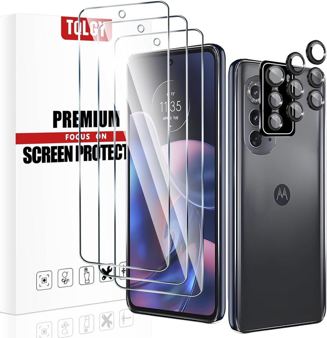 TQLGY 3 Pack Screen Protector for Motorola Edge 2022 with 3 Pack Camera Lens Protector, Ultra HD Tempered Glass, 9H Hardness, Anti-Scratch, Bubble Free, Easy Installation, Case Friendly