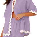 WOWULOVELY Women's 2024 Summer 2 Piece Vacation Outfits Casual Short Sleeve Shirt High Waist Shorts Set Tracksuit (Large, Purple)